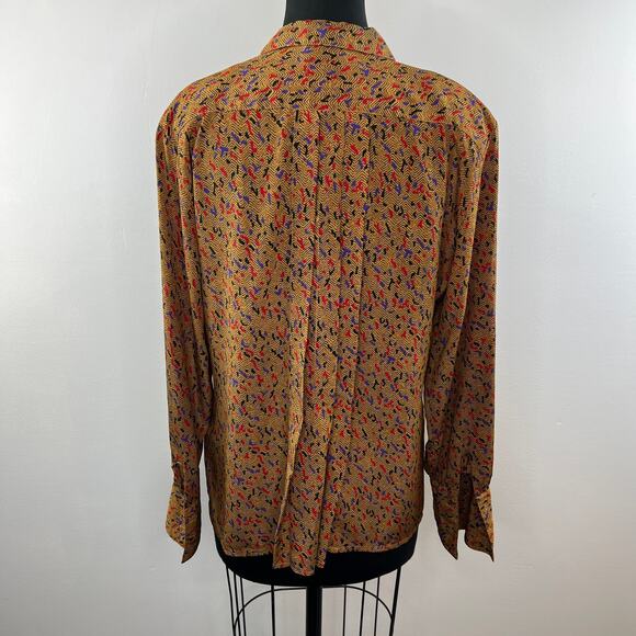 Vintage STUART LANG Tan Print Long Sleeve Button-Down Pleated Collared Shirt 12 - Picture 5 of 7
